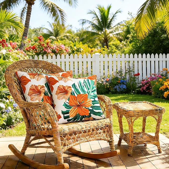SquarePie Pack of 2 Outdoor Pillow Covers, Waterproof Decorative Throw Pillowcase Shell, Garden Cushion Shams Cases for Spring Patio Couch Balcony Bench,18x18 inch Palm Leaf Orange Flowers