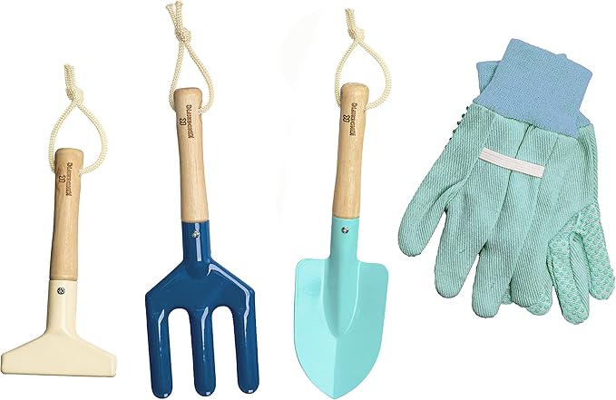 Kinderific Gardening Set, Tool Kit, for Kids, STEM, Includes Tote Bag, Spade, Watering Can, Rake, Fork, Trowel and Gloves (Ocean Blue)