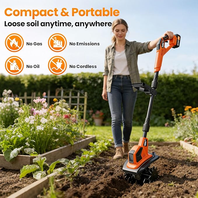 400RPM Brushless Cordlees Tiller Cultivator for Gardening, 20V Electric Garden Tiller Battery Powered((2*3.0Ah Battery&Charger), 9.5"Width 7"Depth, Garden Rototiller for Yard/Lawn/Soil Tiller (Orange)