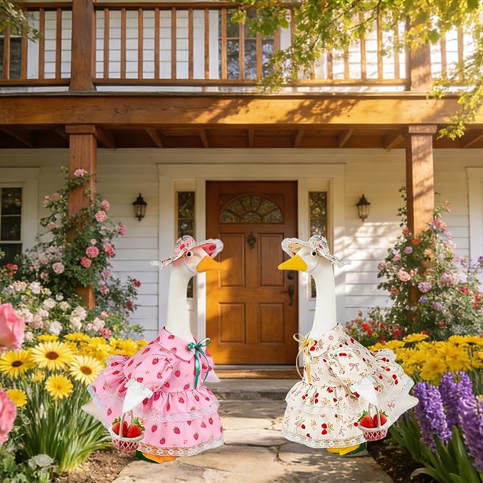 Summer Porch Goose Outfit for 23" Cement Statue Goose,Porch Goose Clothes with Strawberry Skirt and Hat for Spring Outdoor Yard Lawn Patio Decor（pink）