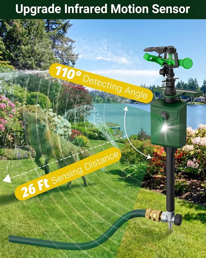 Motion-Activated Sprinkler, Solar Animal Repellent Outdoor - 1 Packs Deer Cat Deterrent with Motion Sensor & Flashing Lights, Protects Yard & Garden from Deer, Cats, Raccoons