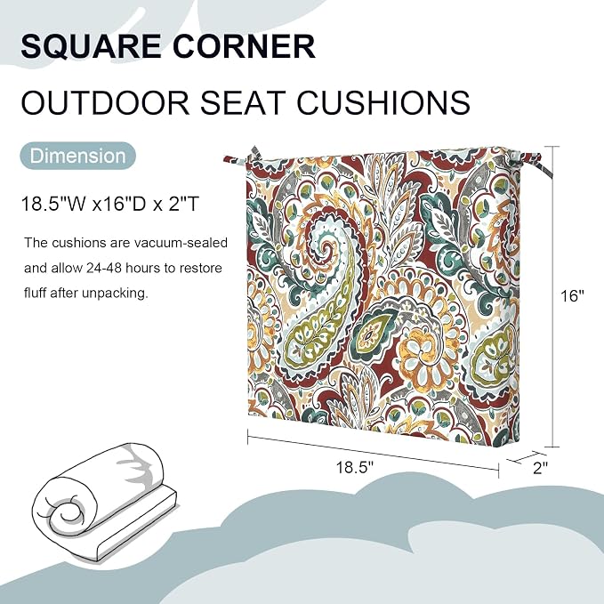 DYTXIII Set of 2 Outdoor Chair Cushions, Water Resistant 18.5"x16"x2" Square Seat Cushion for Patio Dining Chairs, High-Density Replacement Pads for Indoor Outdoor Furniture - Paisley Chilli