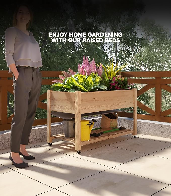 CABIHOME 48x24x32 in Mobile Elevated Raised Garden Bed, Wood Planter with Lockable Wheels, Storage Shelf & Protective Liner for Indoor/Outdoor Gardening, Natural