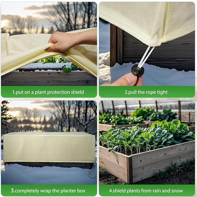 Plant Frost Cover for Garden Protection, Rectangular Planter Winter Blanket with Drawstring, 59 x 17.7 x 15.7 Inch, 4 Pack