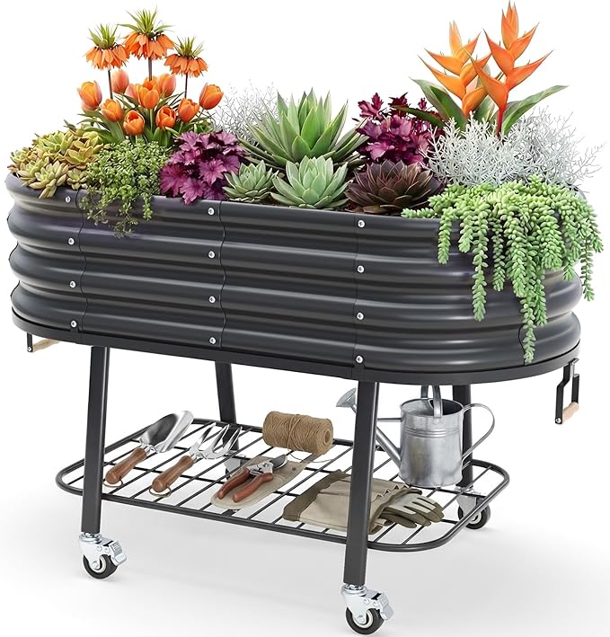 KING BIRD Large Raised Garden Bed with Legs Galvanized Elevated Planter Box 47.2x23.6x29.9 in for Backyard, Patio, Balcony, Dark Grey