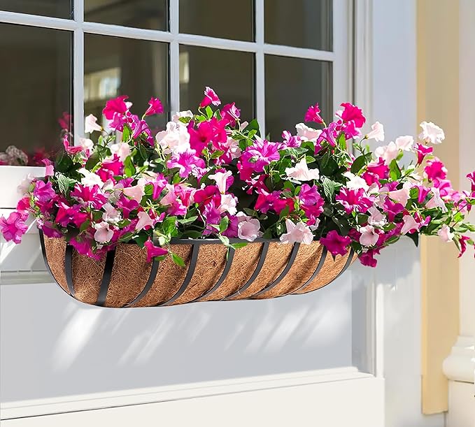 Y&M 30'' Large Window Box Railing Planter with Coco Liner,Window Flower Boxes Outdoor Over The Railing Planter Boxes Deck Fence Porch Patio Planter-2 Pack