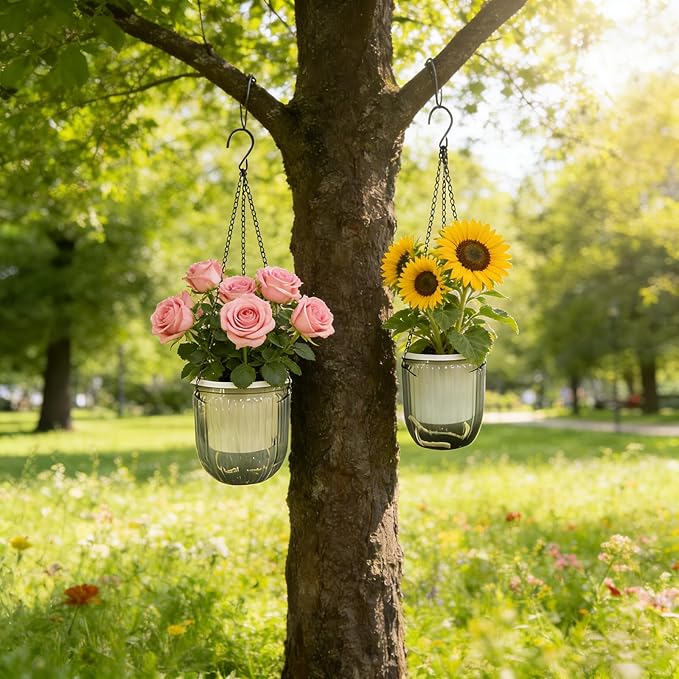 8 Pcs Self Watering Hanging Planters with 3 Hooks Drainage Holes 6.5'' 4.5'' Self Watering Plant Baskets Hanging Flower Pots for Outdoor Indoor Gift Home (Gray)