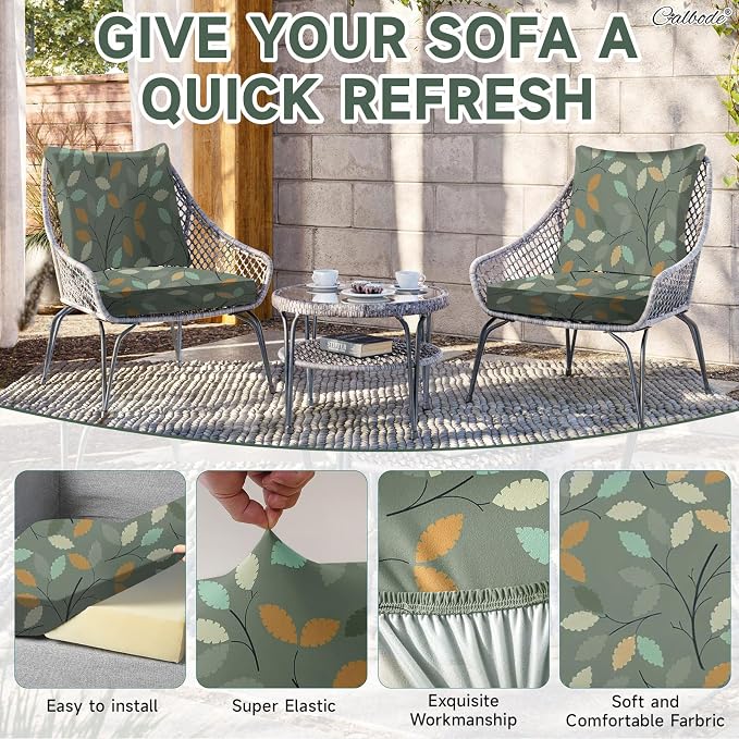 CALBODE 12Pcs Stretch Patio Cushion Cover for Autumn, Couch & Sofa Slipcovers for Patio Furniture Cushions Washable Reusable Couch Covers Replacement Fall Home Decor (Green Leaf Printed, Cover Only)