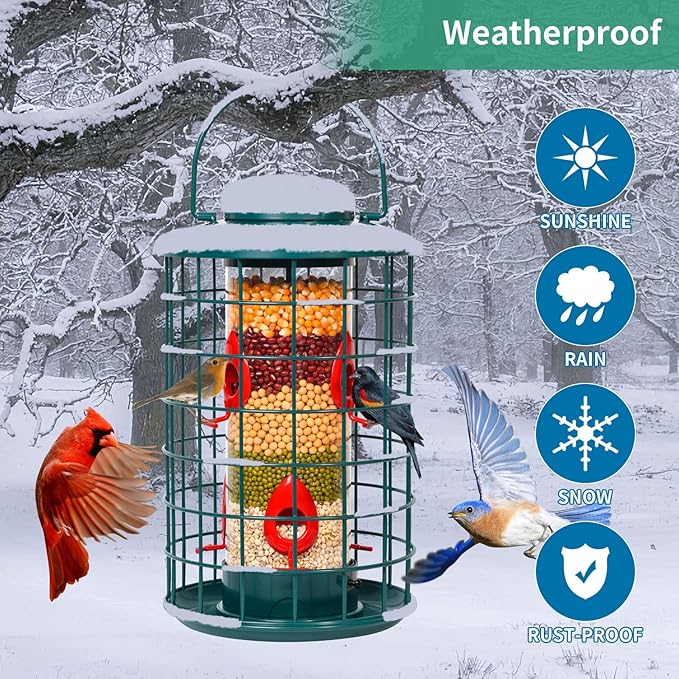 Mosloly Caged Bird Feeder for Wild Birds Outside, Large Squirrel-Proof Heavy-Duty Metal Hanging Tube Bird Feeder, 4 Feeding Ports, 13.2'' High, 3LB Seed Capacity (Green)