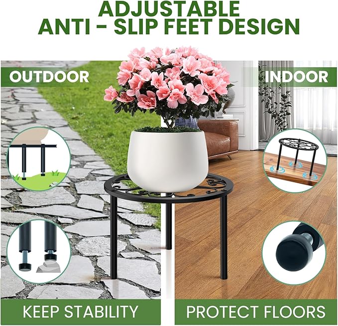 TOSKING 2-Pack Heavy Duty Metal Plant Stand Holds 120 lbs - 10.2" Classic Scroll Pattern Round Stand for Medium to Large Pots, Adjustable Feet & Rustproof Finish, Indoor/Outdoor, Black (10.2"D x 7.9"H)