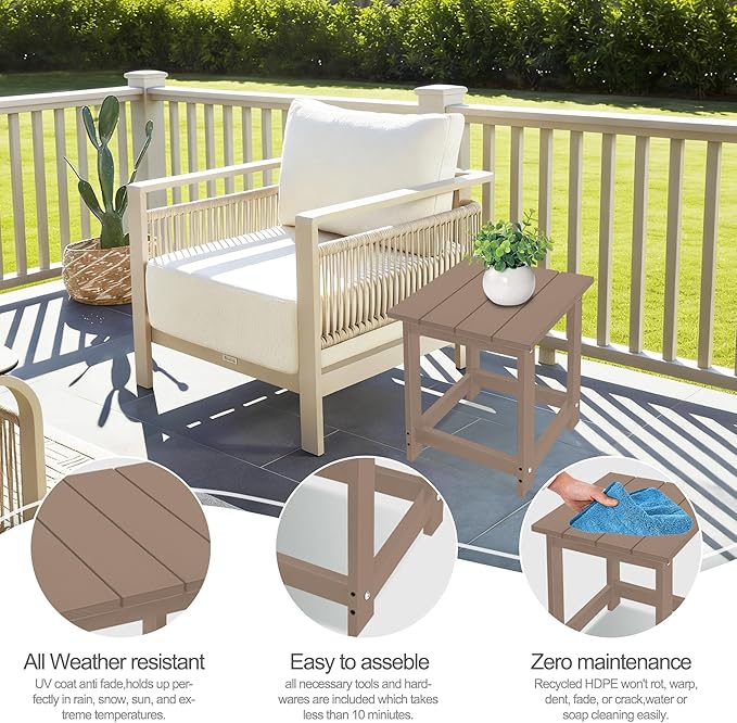 LZRS Square Patio Side Table, Heavy Duty HDPE Outdoor End Table with Wood Texture, Weatherproof Composite Table for Adirondack Chairs, Deck, Pool, Indoor/Outdoor, No Peeling Cracking(Weathered Wood)