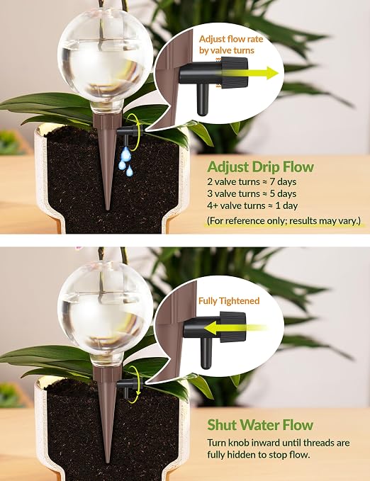 NiHome Plant Self-Watering Globes for Busy Individuals & Travelers, Long-Lasting Moisture Consistent Dripper Spike for Indoor Plants, Adjustable Flow Valve Easy to Refill & Maintain (4-Pack)