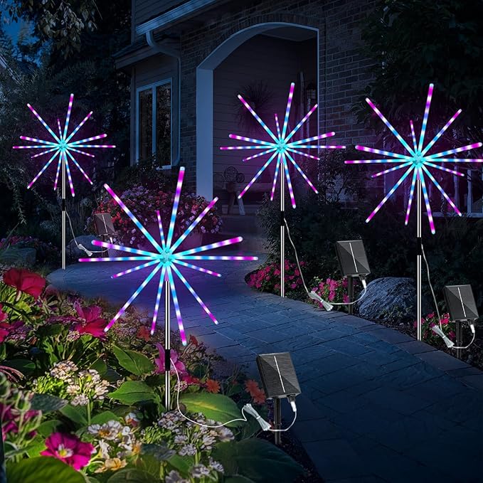 Solar Firework Lights Outdoor, 9 Colors 16 Modes Solar Garden Light Waterproof Solar Powered Starburst Light for Party Wedding Holiday Decoration Meteor Lights 2 Pack