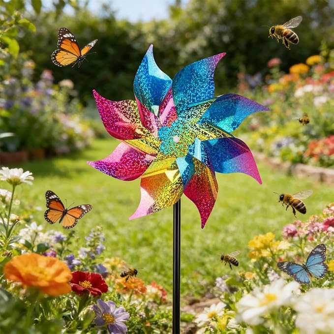 Hausse 12 Pack Reflective Pinwheels with Stakes (Pre-Assembled), Extra Sparkly Rainbow Pin Wheel for Garden Decor, Bird Repellent Devices Deterrent to Scare Birds Away from Yard Patio Farm, Colorful