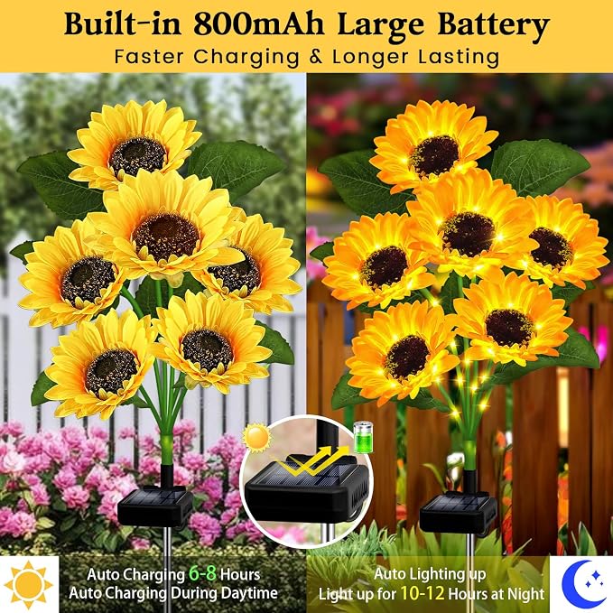 VOOKRY Solar Lights Outdoor, 4 Pack with 24 Sunflower Lights, Waterproof Solar Flowers Garden Decor, Birthday Gifts for Mom Women Grandma, Sunflowers Yard Decoration for Lawn Backyard Patio Flowerbed