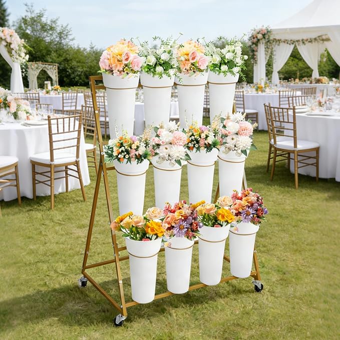GarveeLife 3-Tier Metal Flower Display Stand with 12 Removable Round Buckets and Wheels, Mobile Flower Cart for Indoor Outdoor Patio Garden Wedding Flower Shop,Gold