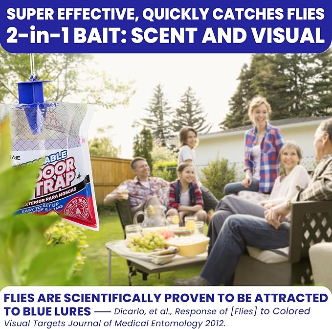 Fly Traps Outdoor Fly Trap for Patio. 9 Non-Toxic Pre-Baited Flies Bags Outdoor Disposable. Hanging Bug Catchers for All Filth Flies Killer for Outside Bug Control in Yard Horse Ranch Trash Can.