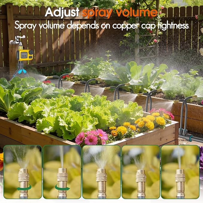 98FT 1/2" Drip Irrigation System Kit with Smart Water Timer for Garden,Automatic Watering System with 20pcs 360° Adjustable Copper Nozzles, Irrigation System for Garden,Yard, Lawn,Greenhouse