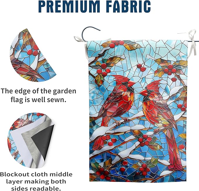 Winter Cardinal Bird Garden Flag for Outside 28x40 Stained Glass Red Birds on Snow Pine Tree Flag Christmas House Flags Large Outdoor Welcome New Years Yard Flag Double Sided