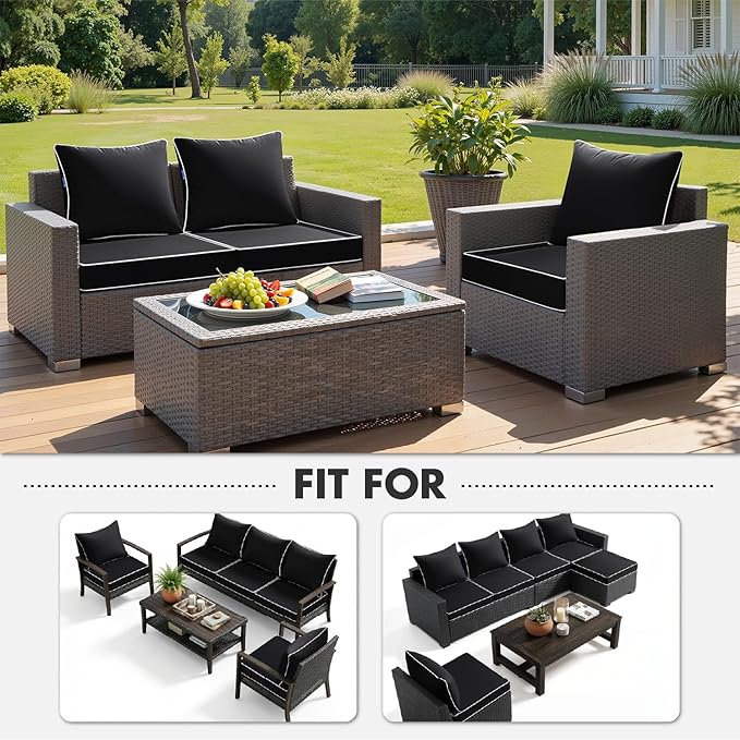 MIULEE Black Outdoor Seat Cushion 24x24 Inch Waterproof & 3 Year Fade Resistant Deep Seat and Back Cushion for Patio Furniture Chair Sofa Couch with Handle and Adjustable Straps