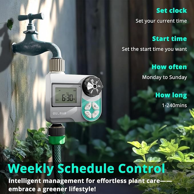 QUOBAS Weekly Plan Sprinkler Timer with Metal Inlet & Outlet, Water Timer for Garden Hose with Rain Delay/Manual Watering/Automatic Watering Controller System for Watering Lawn, Yard, Garden