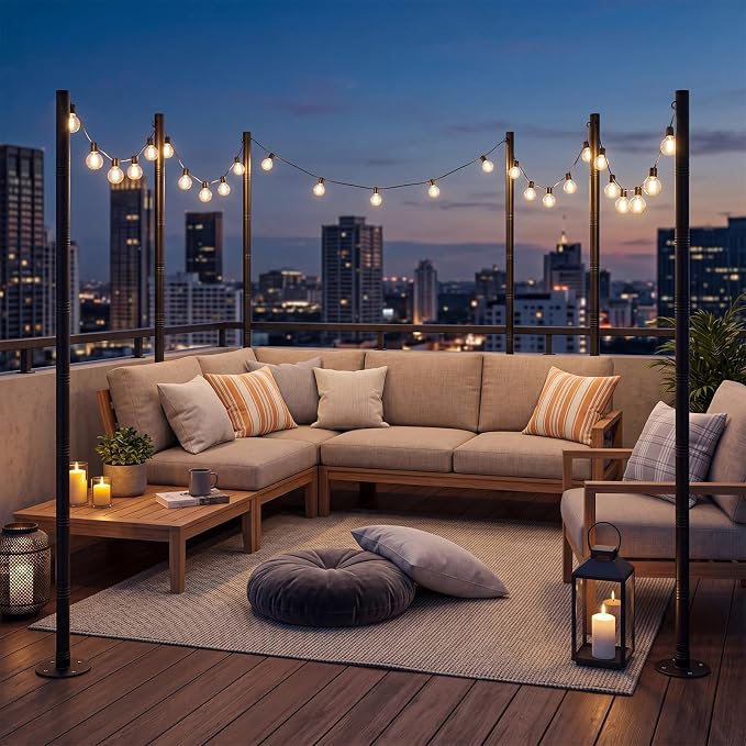 6 Pack 10 Ft String Light Poles for Outdoor String Lights, Heavy Duty Metal Outdoor Light Poles for Deck, Backyard, Garden, Patio, Wedding, Party