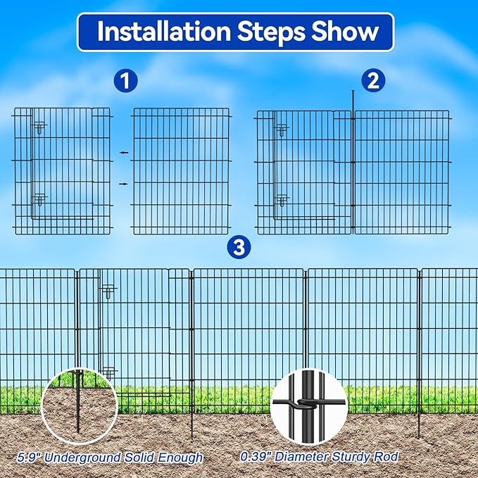 INJOPEXI Decorative Garden Fence 12 Panels 26ft (L)×36in (H) Garden Fences Outdoor with 11 Panels + 1 Gate, Animal Barrier Rabbit Fencing Rustproof Metal Wire Temporary Dog Fence for Yard Lawn Park