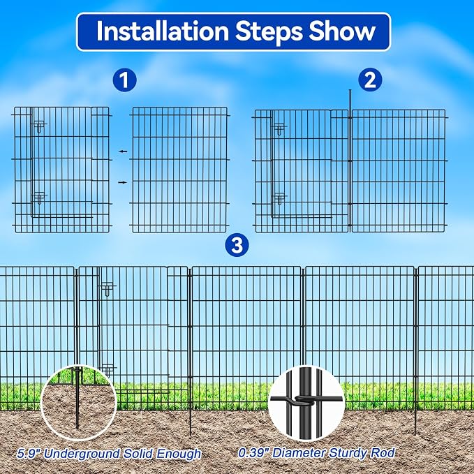 INJOPEXI Decorative Garden Fence 6 Panels 13ft (L)×36in (H) Metal Garden Fences with 5 Panels + 1 Gate, Animal Barrier Rabbit Fence Rustproof Wire Temporary Dog Fencing Outdoor for Yard Lawn Patio