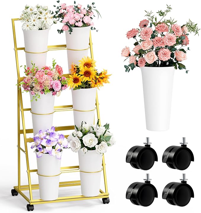 Invech Flower Display Stand with 6 Buckets, 3 Tier Gold Flower Cart Display Stand for Indoor Outdoor Garden, Wedding, Florist