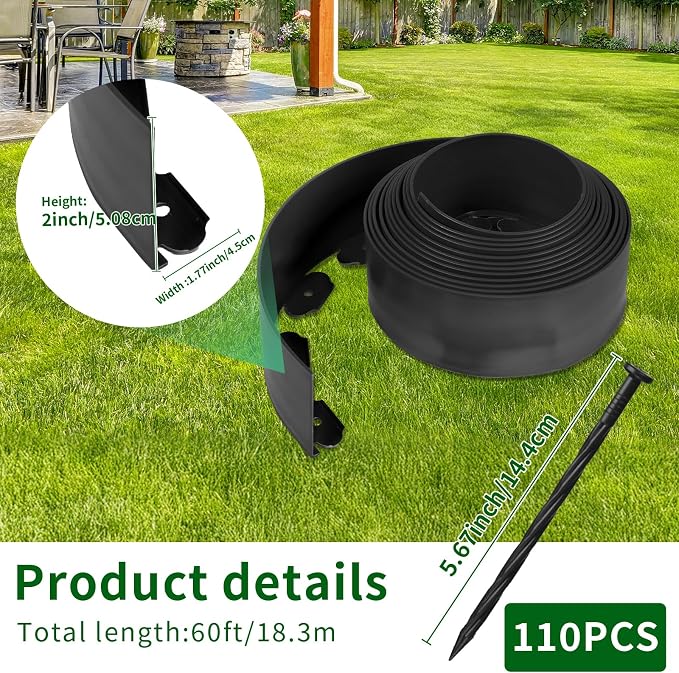 Landscape Edging 2 in x 60 Ft, No Dig Garden Edging Border Kit with 110 Pcs Spikes for Garden Flower Bed Lawn Yard Grass Pathway, Black Flexible PE Material