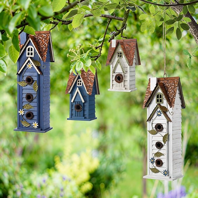 Glitzhome Bird Houses for Outside,Hand Painted Hanging Bird House for Outdoors, 24.25" H Oversized 3-Tiered Villa Decorative Wooden Bird Houses Large Birdhouse for Garden, Washed Blue