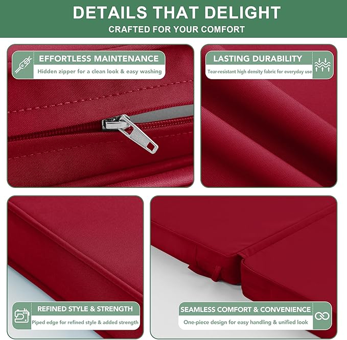 Summsun Patio Dining Seat Cushions, High Back Outdoor Chair Cushion with Water Resistant Removable Covers, Ties, Non-Slip Bottom for Garden Lawn Patio Furniture, 44 x 20 Inch, Burgundy