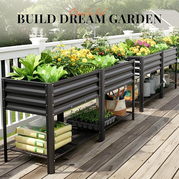 KING BIRD Large Raised Garden Bed with Legs & Storage Shelf Galvanized Elevated Planter Box for Backyard, Patio, Balcony, 600lb Capacity, Dark Grey 70.9x22.8x31.5 in