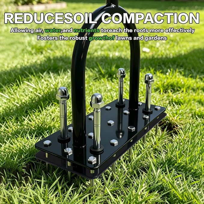 Lawn Aerator, Automatic Dirt and Leaf Clean Design, Heavy Duty Manual Lawn Aerator Tool with 15 Iron Spikes, Height Adjustable, Yard Grass Aerator for Lawn.