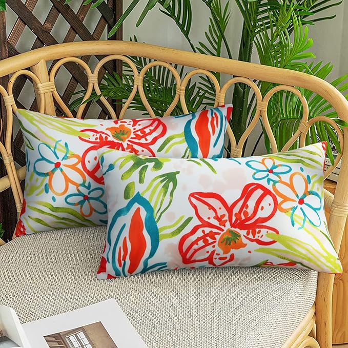Merrycolor Set of 2 Outdoor Throw Pillow Covers 12x20 Inch Colorful Decorative Waterproof Outdoor Lumbar Pillows for Patio Furniture Tent Balcony Couch Sofa
