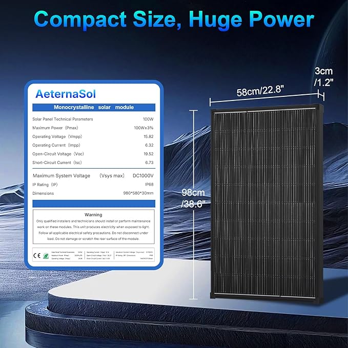 200W Solar Panel,2PCS 100 watt Solar Panel 18V 16BB N-Type Monocrystalline Solar Module, IP68 25% High-Efficiency Solar Panels for Off Grid RV Boat Trailer Camper (Black 100W*2)
