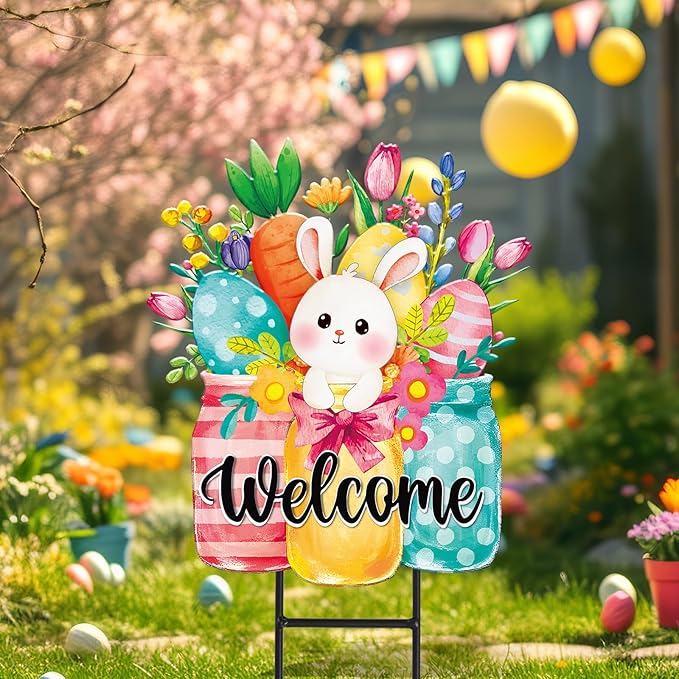 JarThenaAMCS Easter Metal Garden Stake Welcome Yard Sign Watercolor Bunny Rabbit Vase Decorative Lawn Sign for Spring Home Outside Lawn Porch Walkway Pathway