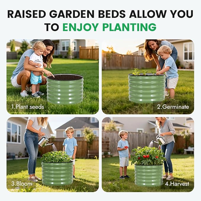 INNO STAGE 3 Pcs Round Galvanized Raised Garden Bed — 2×2×1.4ft Planter Box Outdoor Raised Beds Kit for Gardening Vegetables, Fruits, Herbs, and Flowers, Olive Green