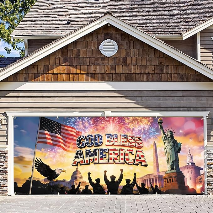 7 * 16FT Eagle flag God Bless The AMERICA Garage Door Cover Decorations Independence Day Garage Door Banner for Outdoor Indoor Patriot Party Photography Backdrop