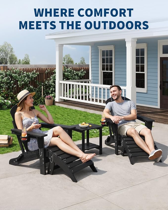 GarveeLife Folding Adirondack Chair Set of 2 with Ottoman, All-Weather HDPE Outdoor Chair, Wooden Textured with Cup Holder for patios, Decks, Gardens, fire pits, Black