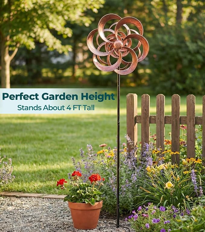 63" Metal Wind Spinner Outdoor, Double-Sided Kinetic Yard Spinner, Smooth Spinning Garden Decor, Stable 5-Prong Stake, Copper Yard Art for Lawn & Patio