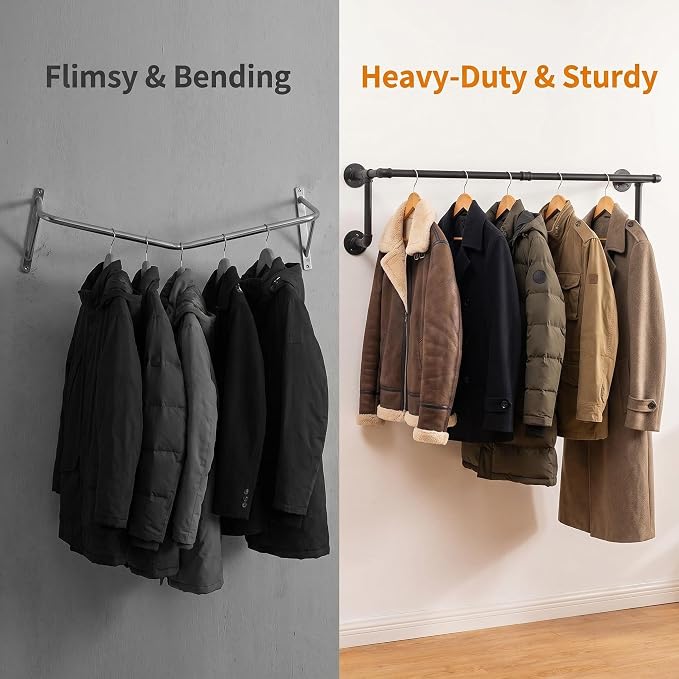 Homeyeeng Clothes Rack, Industrial Wall Pipe Clothing Rack for Hanging Clothes, Wall Mounted Heavy Duty Space Saving Garment Rack, Multi-Purpose Clothing Hanging Rods for Closet Storage, Black, 2Pcs