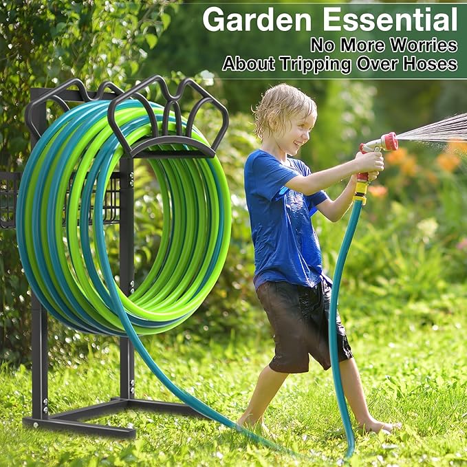 Qatsrin Upgraded Garden Hose Holder with Large Basket, Heavy Duty Water Hose Holder Supports 160-ft Hoses, Freestanding Detachable Hose Stand Storage Reel Hanger Rack for Yard Lawn Farm