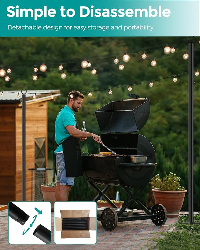 LAND·VOI 4 Pack String Light Poles, 9FT Heavy Duty Metal Light Poles for Outside String Lights, Outdoor Light Poles with 5 Prong Fork, Light Pole Stand for Patio, Backyard, Garden, Deck, Black FLP14B