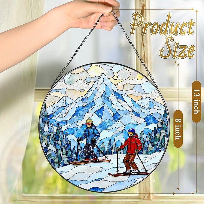 8'' Snowy Mountain Skiers Sun Catcher Ornament, Stained Glass Window Hanging, Sun Catchers for Windows Hanging Ornaments, Window Decor | Ideal Gift, Gift Exchange, Gifts for Skiers