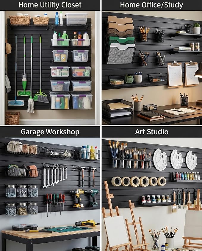 FRAYSCENT Slat Wall Paneling Garage Slat Wall Storage Systems Slatwall Panels Power Tool Organizer Wall Mount, PVC Garage Storage & Organization Products Slate Board (Black, 8ftx4ft with 2H Trim)