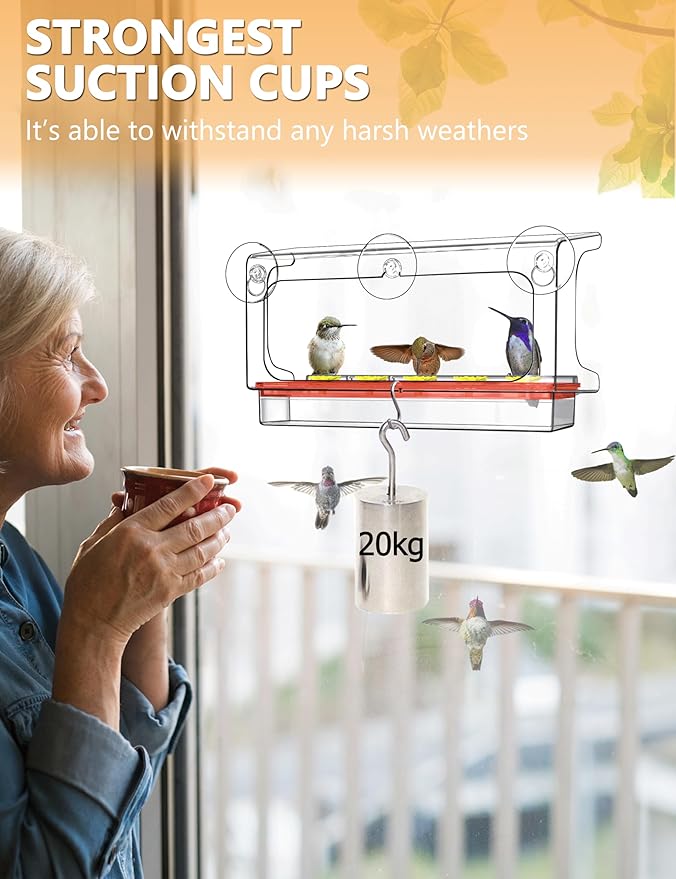 LUJII All One Piece Window Hummingbird Feeder with 5 Strongest Suction Cups, 20 fl.oz Hummer Feeder for Outside, Removable Lift-up Nectar Tray with 5 Feeding Ports, Gift for Bird Lover (Clear)
