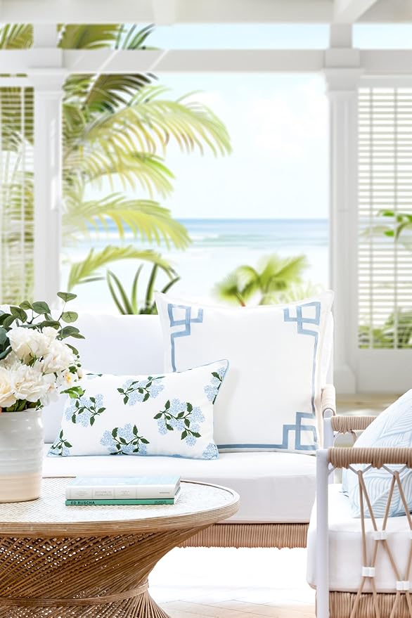 Hofdeco Premium Coastal Patio Indoor Outdoor Lumbar Pillow Cover Only, 12"x20" Water Repellent for Backyard, Couch, Baby Blue Print Hydrangea Flower (Pack of 2)