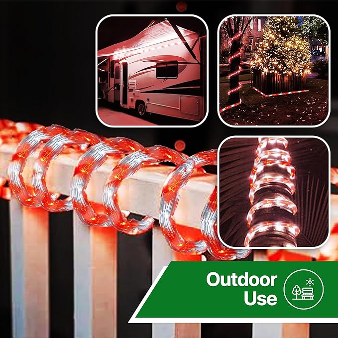 Tupkee LED Rope Light Red & Cool White - for Indoor and Outdoor use, 24 Feet (7.3 m) - 10MM Diameter - 144 LED Long Life Bulbs Rope Tube Lights
