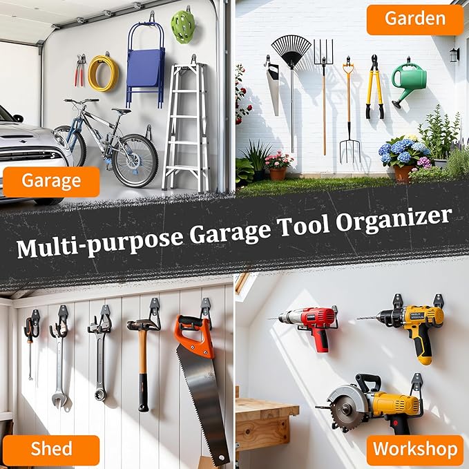 Housolution Steel Garage Hooks - 18Pack Anti-Slip Coating, Heavy Duty Wall Mount Hooks for Bikes, Garden Tools, Ladders, Hose, Bulk Items Ropes, Garage Tool Organizer with Extension Cord Wrap, Black